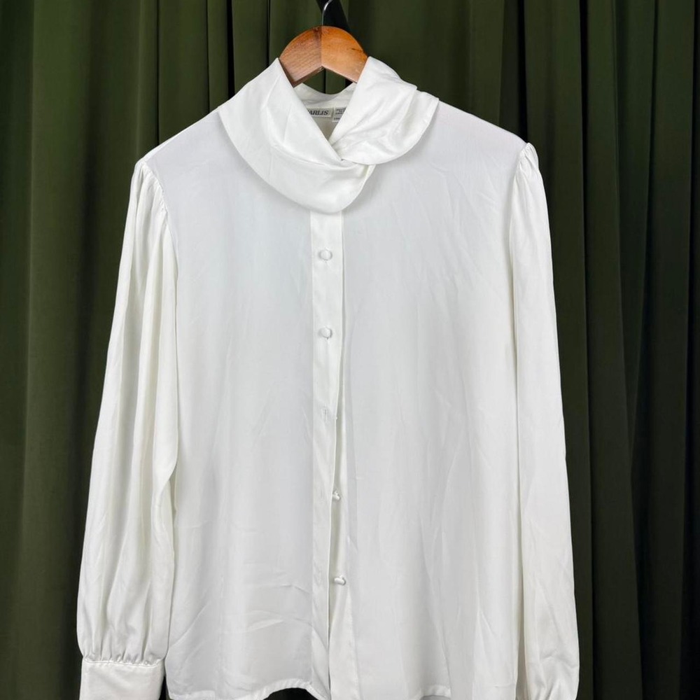 Marlis White Cowl Neck Button Up Blouse Puffy Sleeve Cottagecore Women Size 10